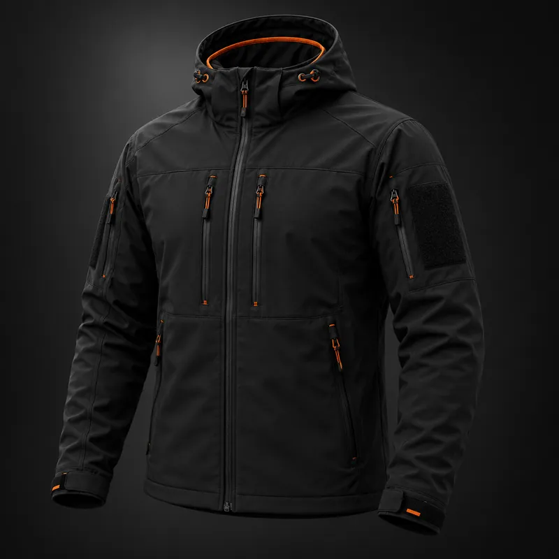 Crna softshell jakna M1 s kapuljačom.